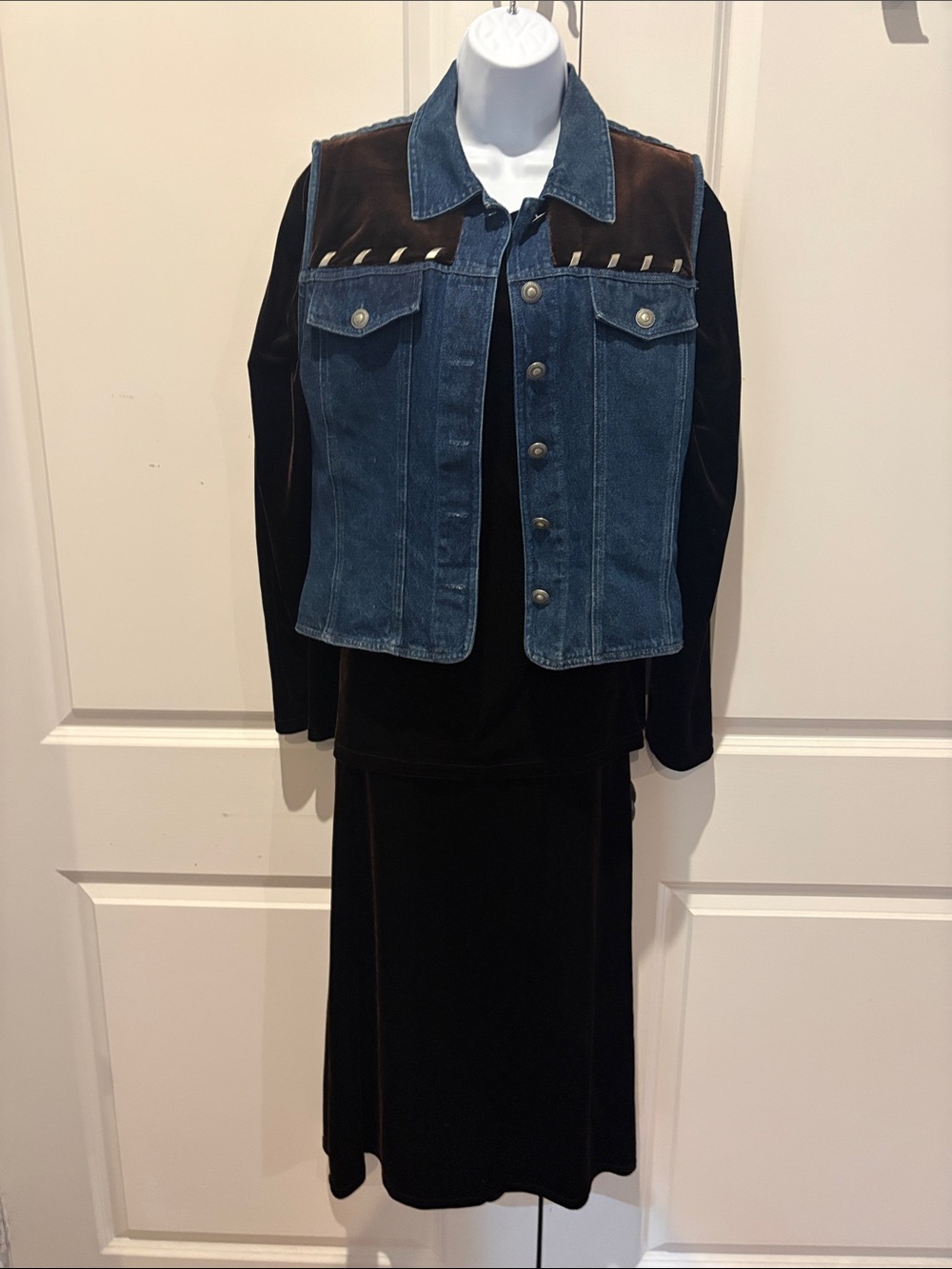 Coldwater Creek Blue Denim Vest with Brown Velvet Panels and Skirt with Top